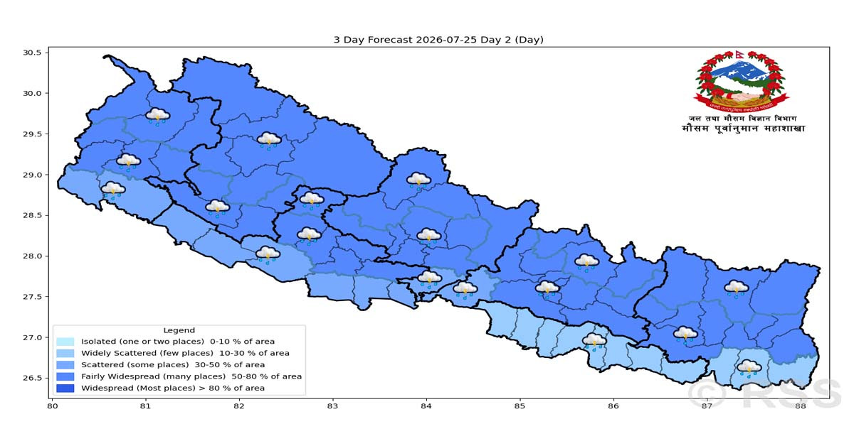 आज एकदुई स्थानमा भारी वर्षाको सम्भावना
